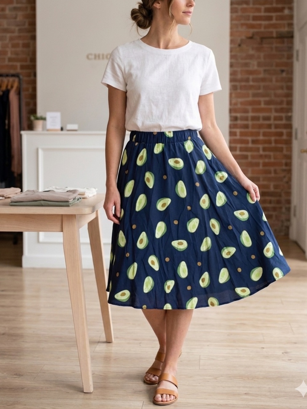 Womens Happy Avocado Print Full Skirt Size XS Navy Blue Green Lined Pull On